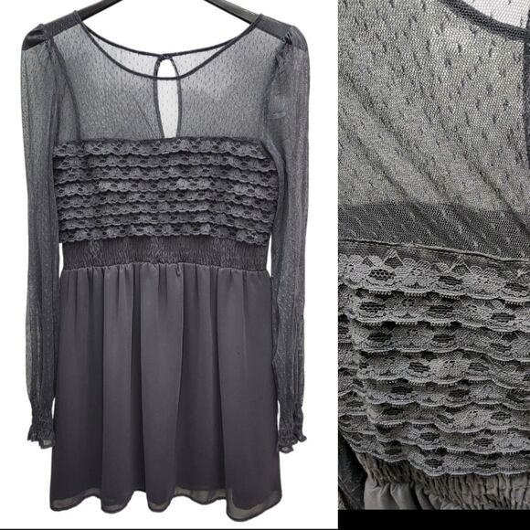 Free People Dresses & Skirts - Free People Mini Dress Womens 8 Smocked Lace Chiffon Gray Lined Boho Chic